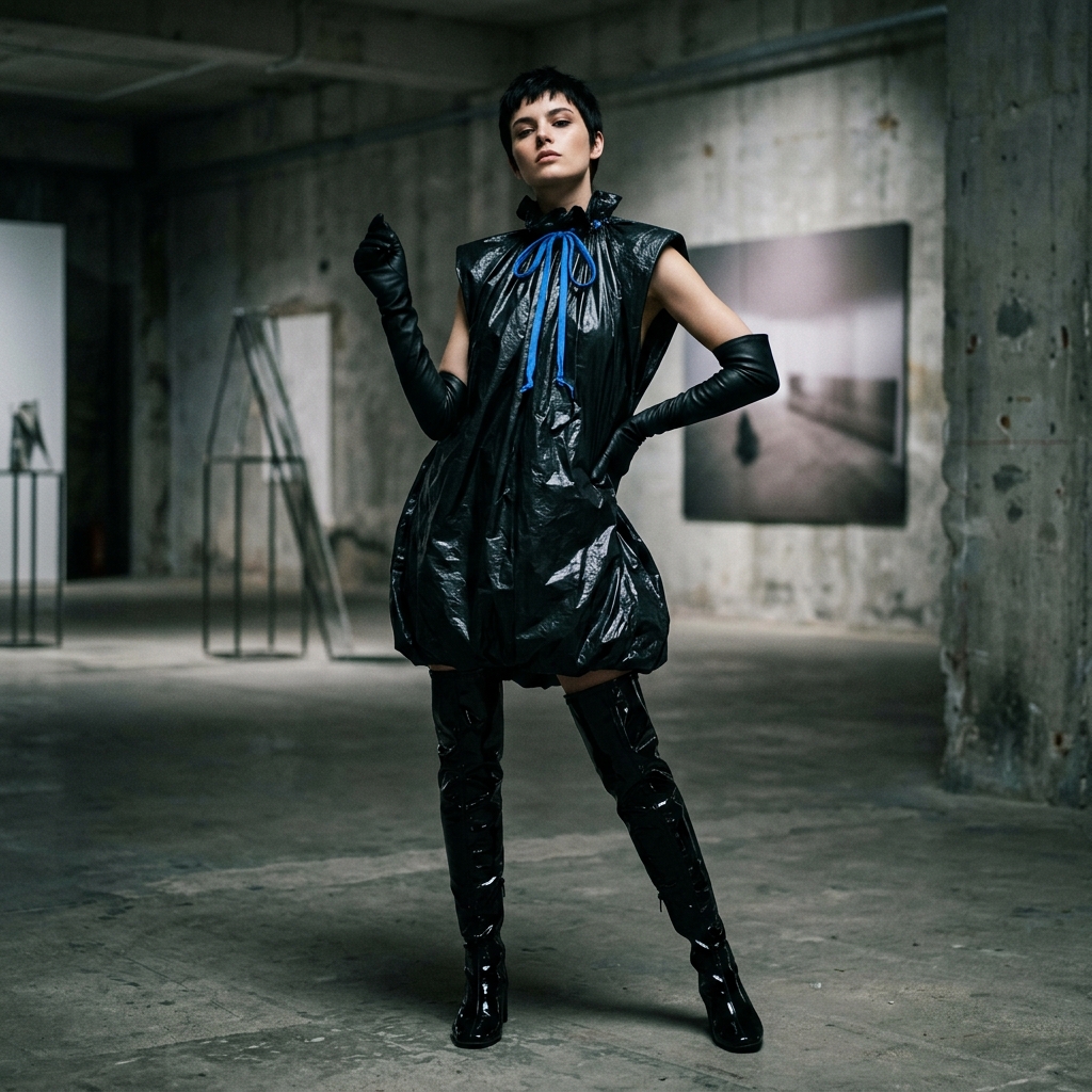 Editorial model wearing POSTMODERN Refuse Sack Dress with opera gloves and thigh-high boots in concrete studio