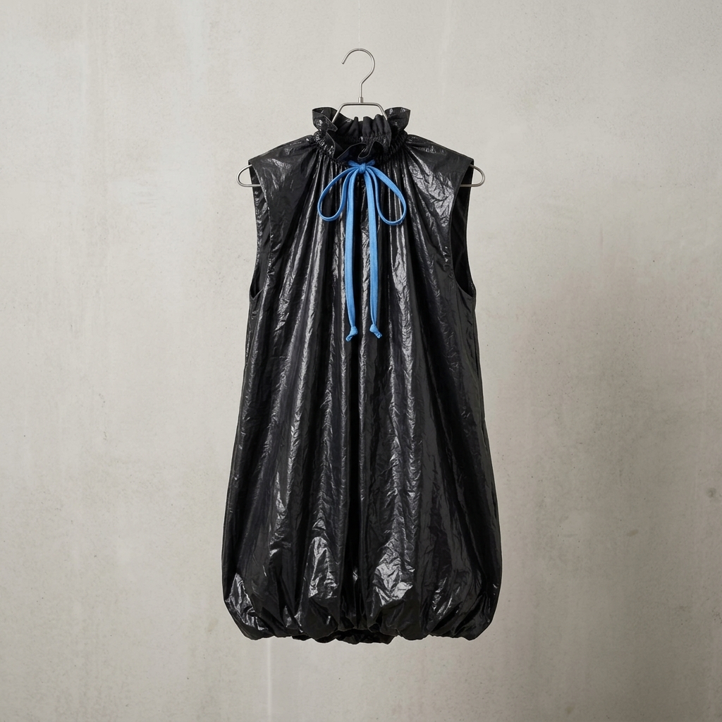 POSTMODERN Refuse Sack Dress flat-lay catalog photo against concrete wall
